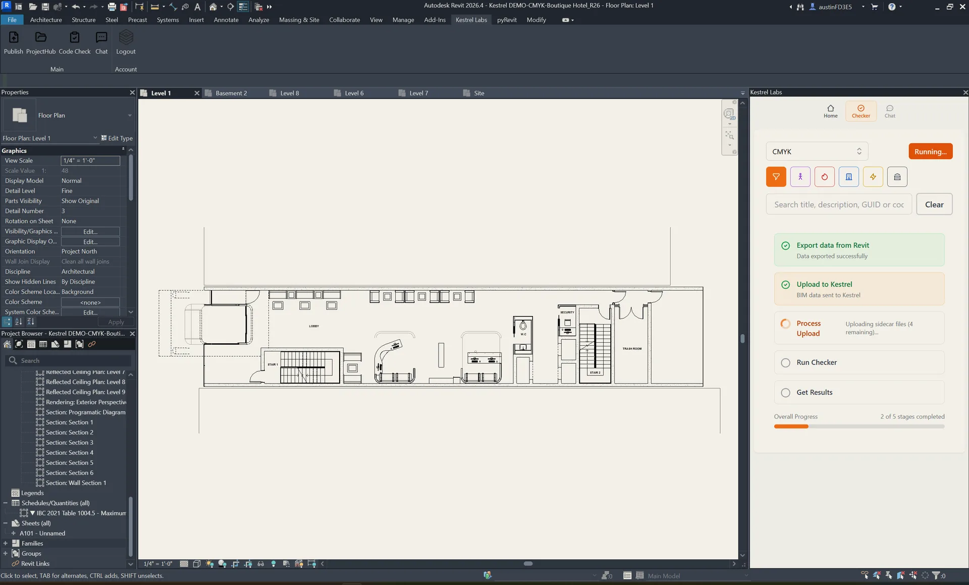 Kestrel running inside Revit on a building floor plan, with the Compliance Analysis sidebar on the right listing live building code violations against the BIM model.